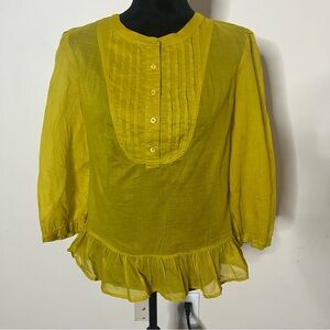 Moda International Women’s Golden Yellow High Neck Pintucked Button Peplum Top M
